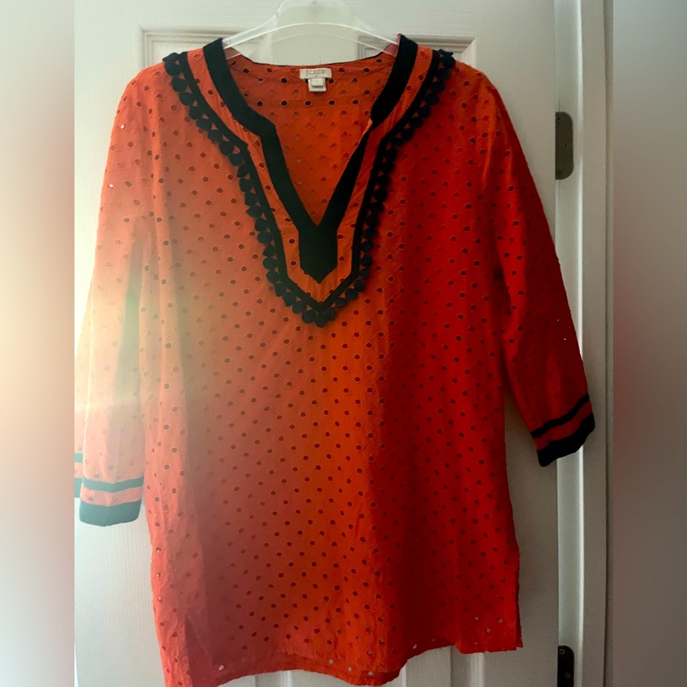 J. Crew Large Orange Eyelet w Blue Trim Swimsuit Coverup Tunic